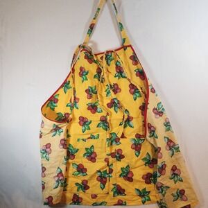 Vintage Yellow Strawberry Print Kitchen Apron Red Piping Two Front Pockets